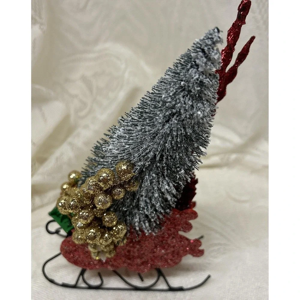Vintage Tin Dept. 56 Sleigh‎ Red Glitter Brush Tree Christmas Assemblage Display